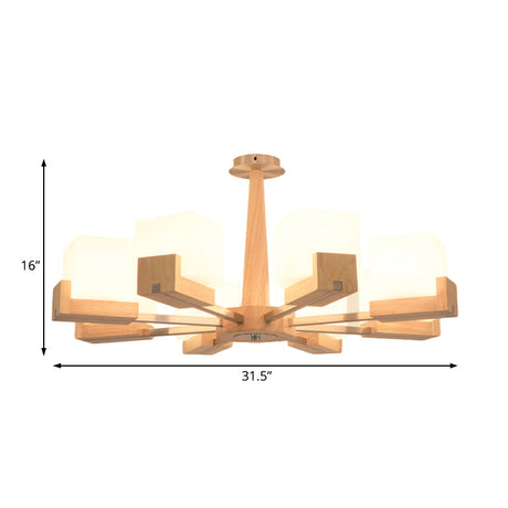 Modern Wood Radial Semi Flush Ceiling Lamp With White Glass Shade - 3/5/8 Lights Beige Fixture