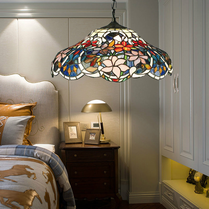 Tiffany-Style Stained Glass Floral Hanging Light - Black Pendant Fixture With Adjustable Chain