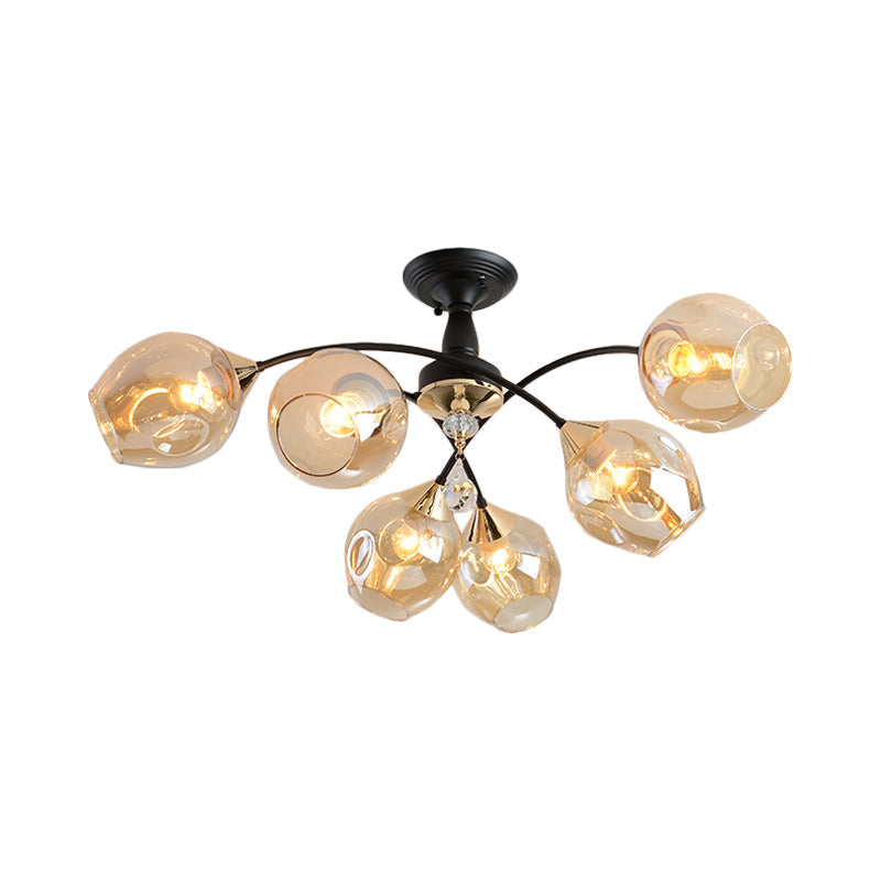 Semi Flush Mount Bedroom Light With Amber/Blue Glass Shade - Modernist Black Led Ceiling Fixture