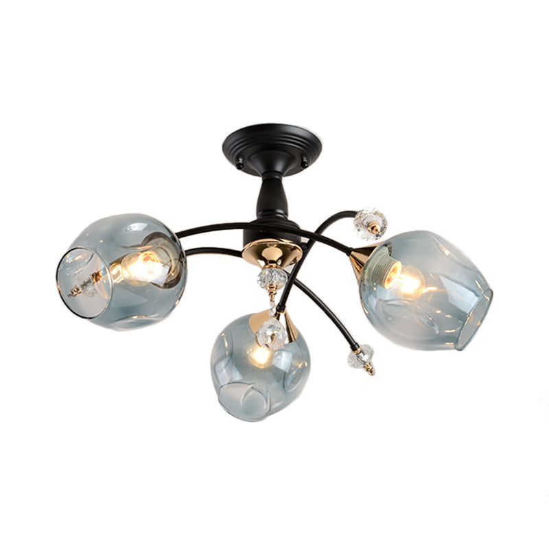 Semi Flush Mount Bedroom Light With Amber/Blue Glass Shade - Modernist Black Led Ceiling Fixture