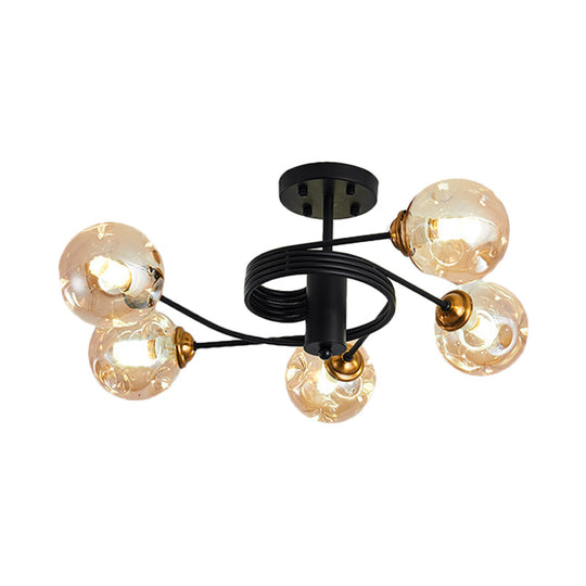 Sleek Black Modernist Semi-Flush Ceiling Light With Amber/Smoke Dimpled Glass Shades - Perfect For