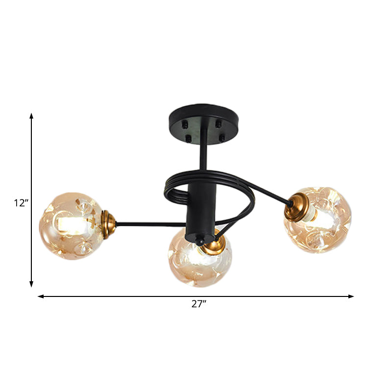 Sleek Black Modernist Semi-Flush Ceiling Light With Amber/Smoke Dimpled Glass Shades - Perfect For