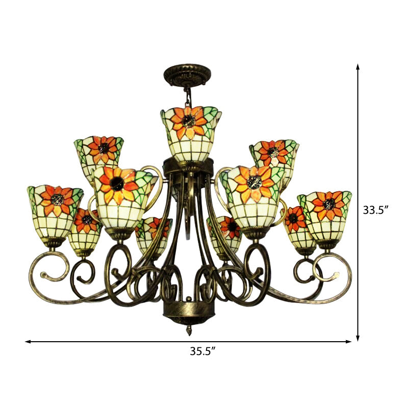 Sunflower Stained Glass Chandelier - Exquisite Tiffany Suspension Light In Antique Bronze | Ideal