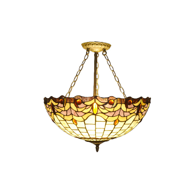Vintage Tiffany Stained Glass Chandelier With Brass Finish - Perfect For Dining Table
