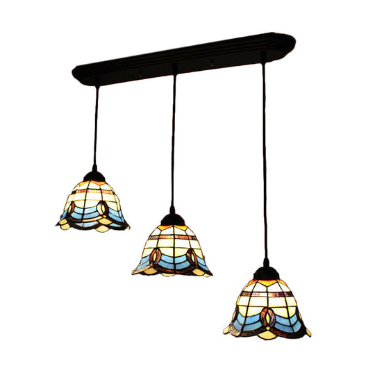 Tiffany Victorian Bell Shade Stained Glass Pendant Light - Blue 3 Heads Hotel Style
