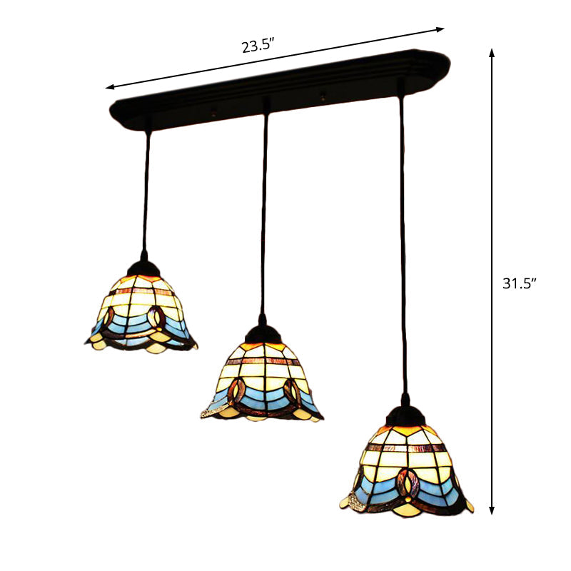 Tiffany Victorian Bell Shade Stained Glass Pendant Light - Blue 3 Heads Hotel Style