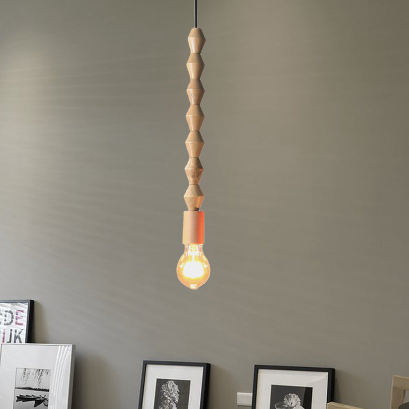 Japanese Style Bare Bulb Hanging Lamp - Wooden Deco Single Light Pendant In Beige Ideal For Kitchen