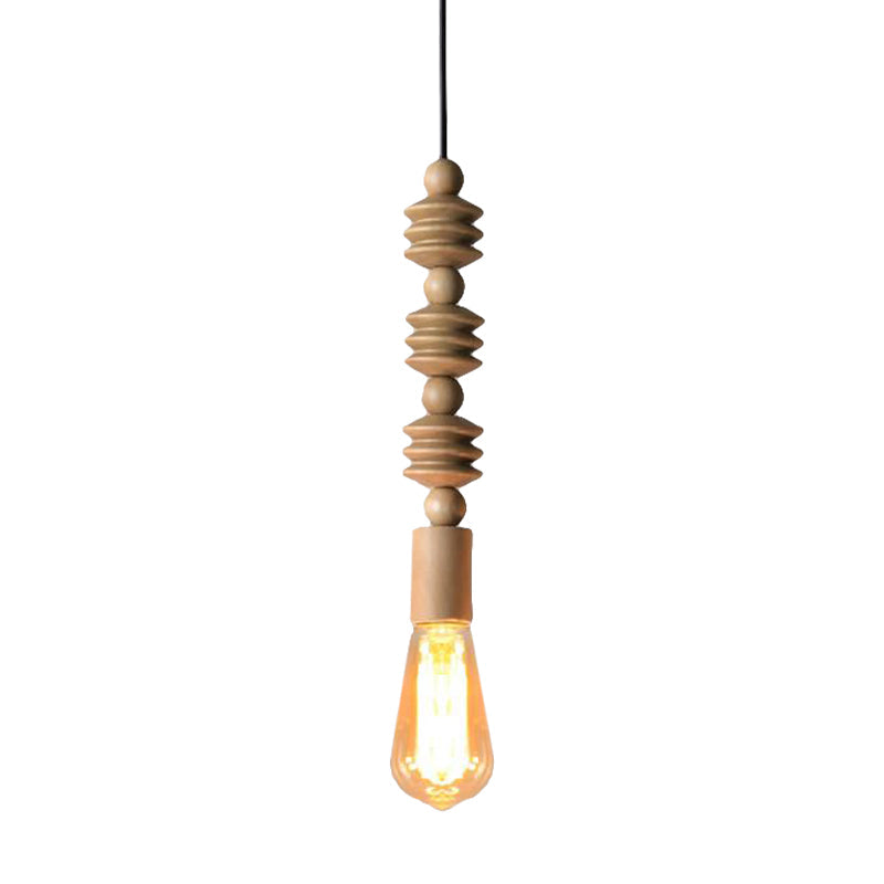 Japanese Style Bare Bulb Hanging Lamp - Wooden Deco Single Light Pendant In Beige Ideal For Kitchen
