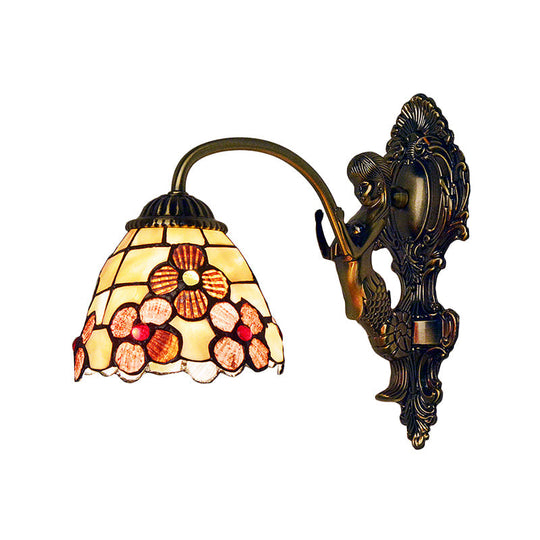 Tiffany Beige Glass Floral Sconce Wall Mount Light Fixture For Bedroom