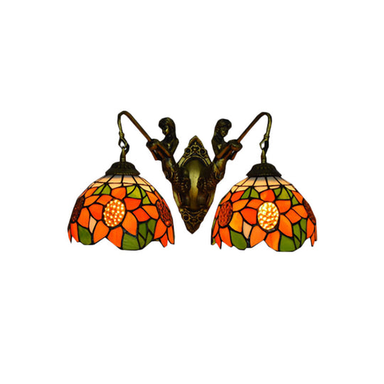 Tiffany Orange Glass Sunflower Wall Lamp With 2 Heads - Bronze Sconce Light For Bedroom