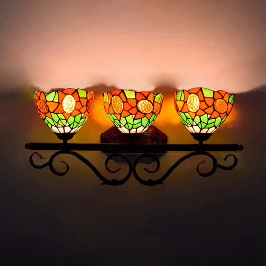 Baroque Orange Stained Glass Sconce Light With Sunflower Pattern - 3-Head Bowl Wall Fixture