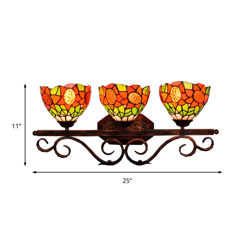 Baroque Orange Stained Glass Sconce Light With Sunflower Pattern - 3-Head Bowl Wall Fixture