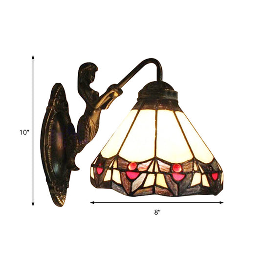 Beige Glass Cone Wall Light Tiffany Antique Bronze Sconce For Hallway
