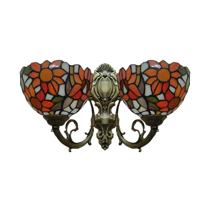 Sunflower Lodge Wall Sconce With Orange/Yellow Glass Shade - 2 Lights Lighting