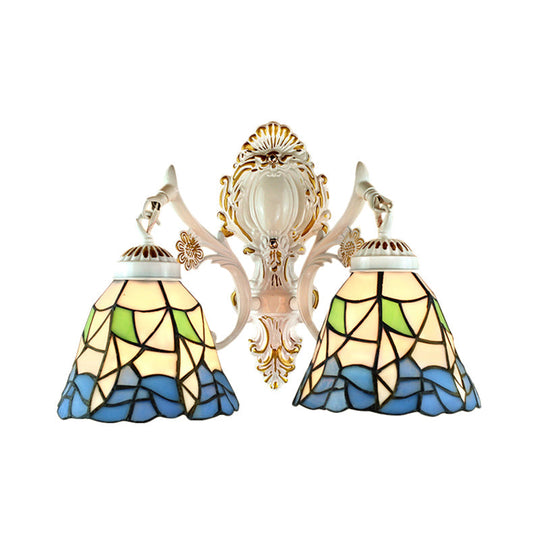 Stained Glass Flower Wall Sconce With 2 Bell Lights - Lodge-Inspired Fixture For Bedroom Lighting