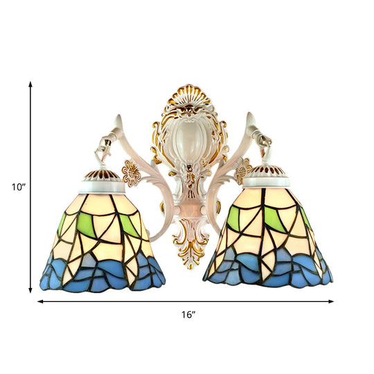 Stained Glass Flower Wall Sconce With 2 Bell Lights - Lodge-Inspired Fixture For Bedroom Lighting