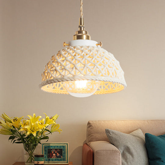 White Ceramic Domed Basket Pendant Lamp - Modern 1-Head Hanging Light For Kitchen Hallway
