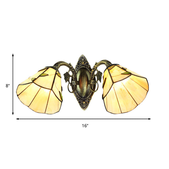 Vintage Industrial 2-Head Stained Glass Wall Sconce With Leaf Pattern