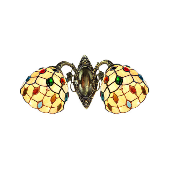 Stained Glass Tiffany-Style Domed Wall Light With 2 Jewel Heads For Stairway Mounting