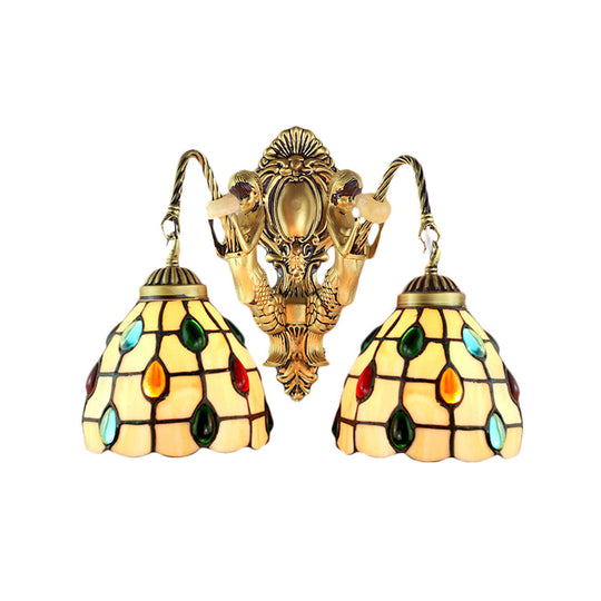 Jeweled Beige Glass Sconce Light: Elegant 2-Headed Brass Wall Mount For Bedroom