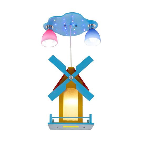 Cartoon House Ceiling Light: Windmill Metal 3-Light Blue Semi Flush For Shops