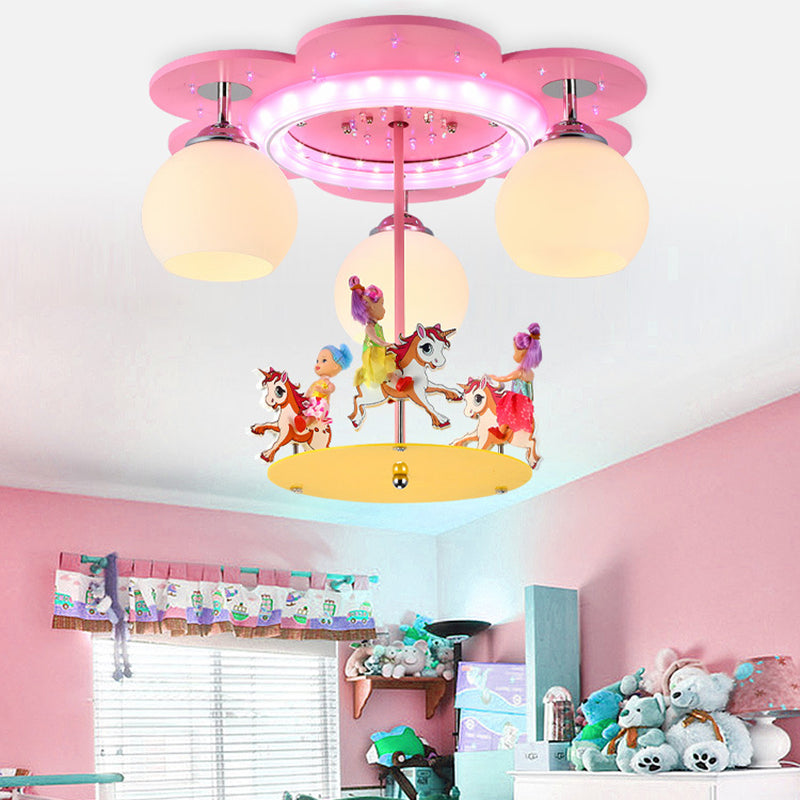3 - Light Pink Carousel Flush Mount: Lovely Metal Ceiling Lamp For Child Bedroom