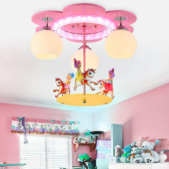 3 - Light Pink Carousel Flush Mount: Lovely Metal Ceiling Lamp For Child Bedroom