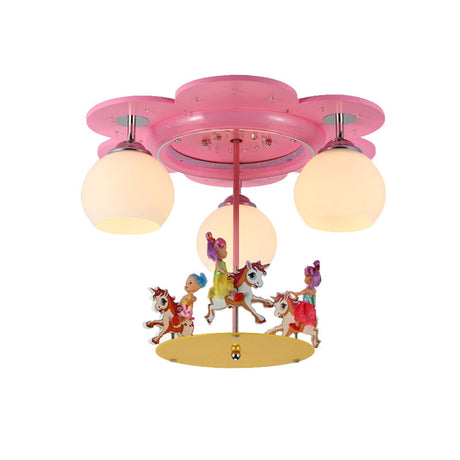 3-Light Pink Carousel Flush Mount: Lovely Metal Ceiling Lamp For Child Bedroom