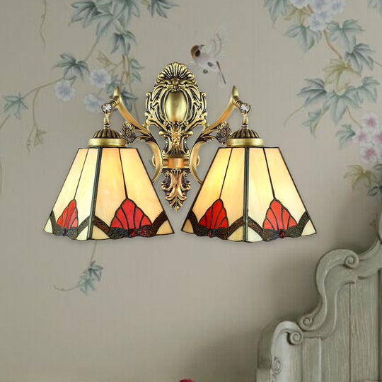 Retro Style Stained Glass Wall Lamp With 2 Heads - Beige Pyramid Fixture Light For Living Room