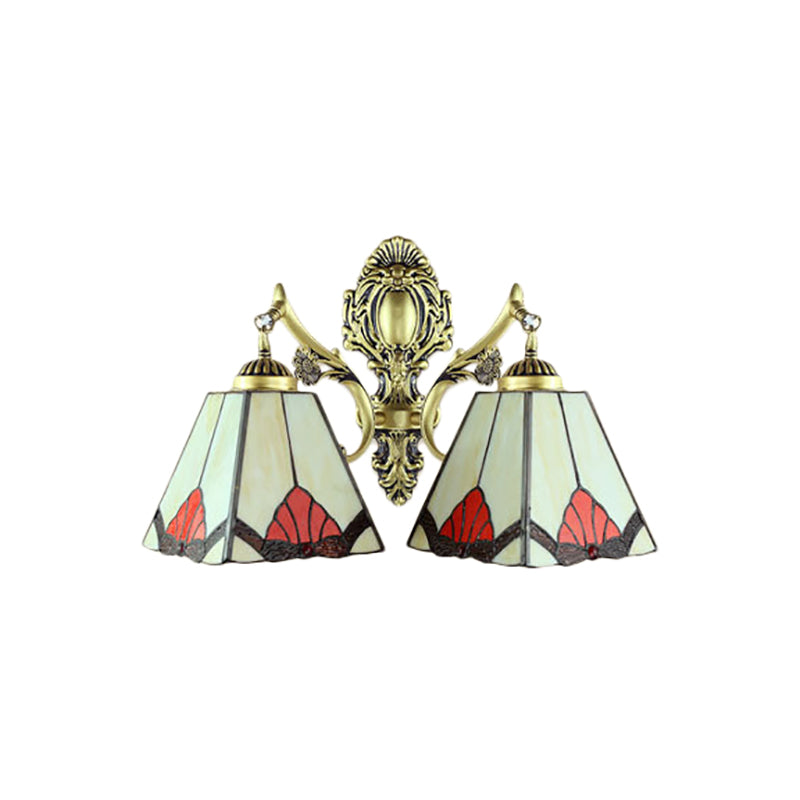 Retro Style Stained Glass Wall Lamp With 2 Heads - Beige Pyramid Fixture Light For Living Room