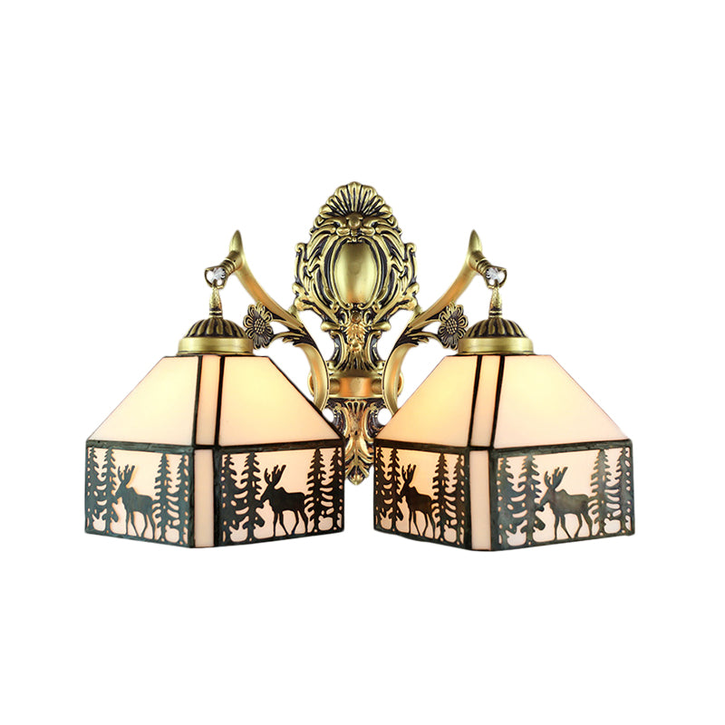 Retro Style Small House Wall Sconce With Stained Glass 2 Heads Deer And Tree Pattern