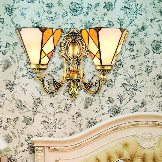 Geometric Wall Sconce Tiffany Style Stained Glass 2-Head Lamp In Beige