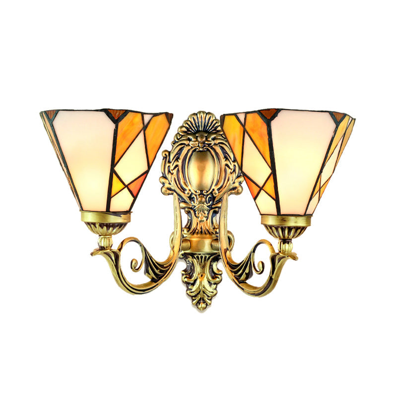 Geometric Wall Sconce Tiffany Style Stained Glass 2-Head Lamp In Beige