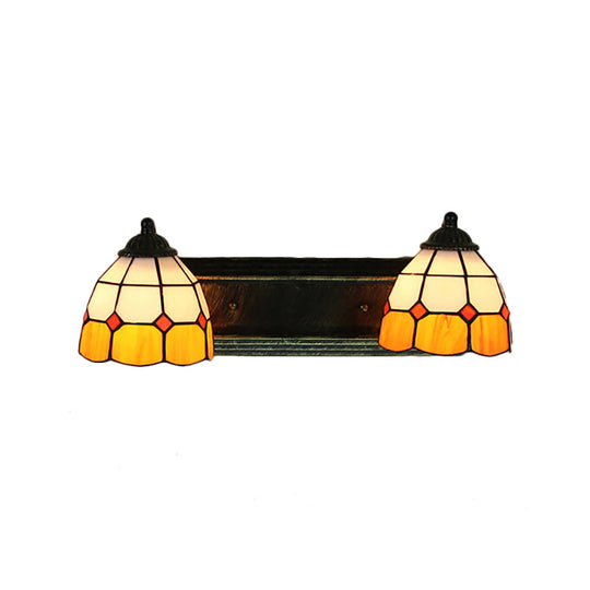 Baroque Yellow And White Glass Sconce Light With Grid Pattern - 2 Head Bronze Wall Mounted