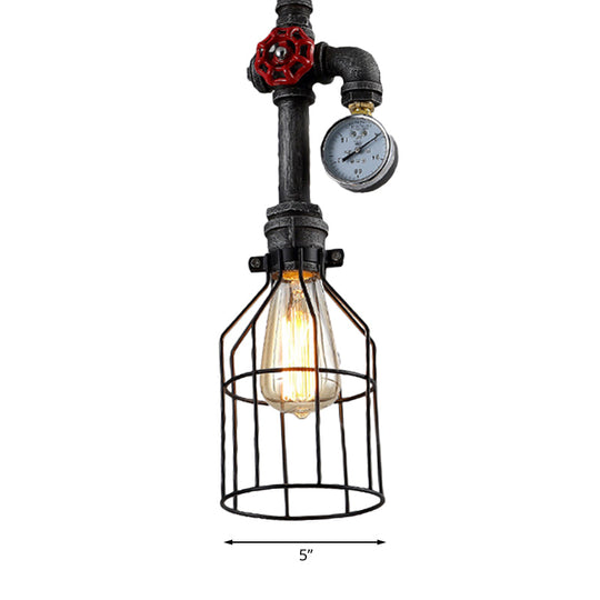 Black Iron Hanging Lamp With Wire Guard Gauge And Valve - Industrial Style