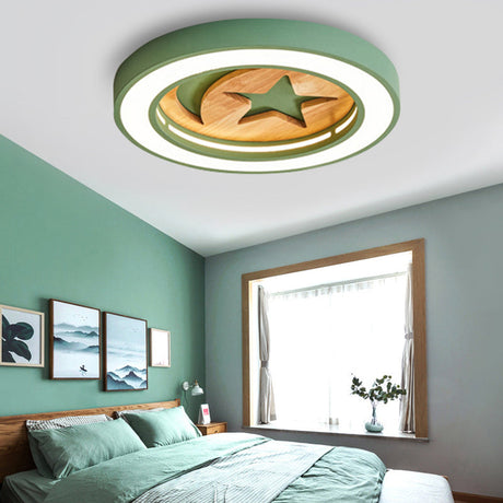 Kids Acrylic Modern Led Ceiling Lamp Slim Circle Design With Star Pattern Ideal For Bedroom Green
