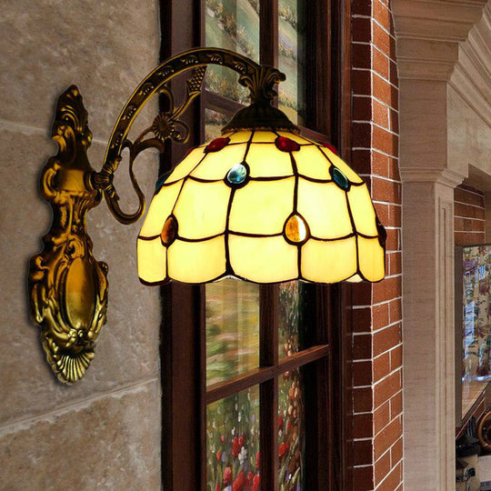 Tiffany Stained Glass Wall Sconce Light - Yellow With Bowl Shade