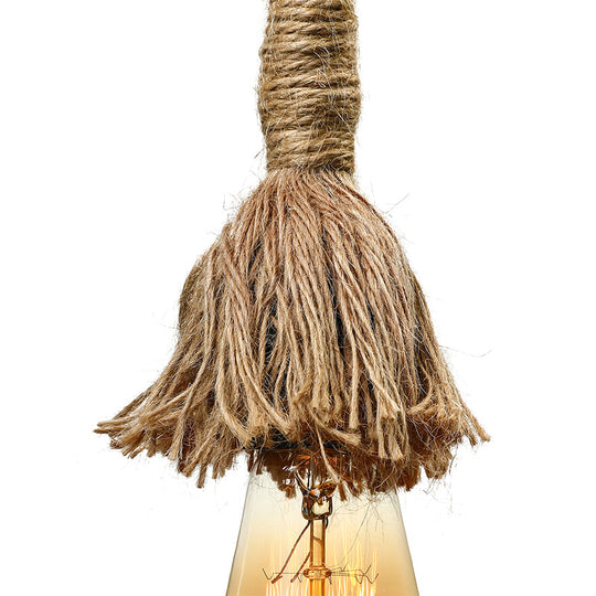 Minimalist Exposed Hanging Lamp: Adjustable Ceiling Light Fixture With Natural Rope Beige Shade