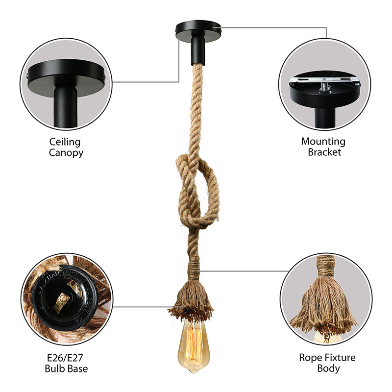 Minimalist Exposed Hanging Lamp: Adjustable Ceiling Light Fixture With Natural Rope Beige Shade