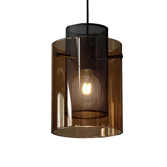 Modern Amber Cylinder Pendant Lamp With Hollow Mesh Screen - Ideal Hanging Light For Kitchen 1 Bulb