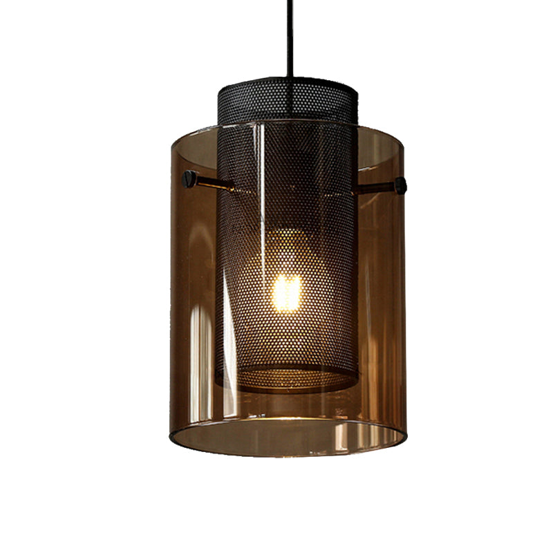 Modern Amber Cylinder Pendant Lamp With Mesh Screen - Perfect Hanging Light For Kitchen
