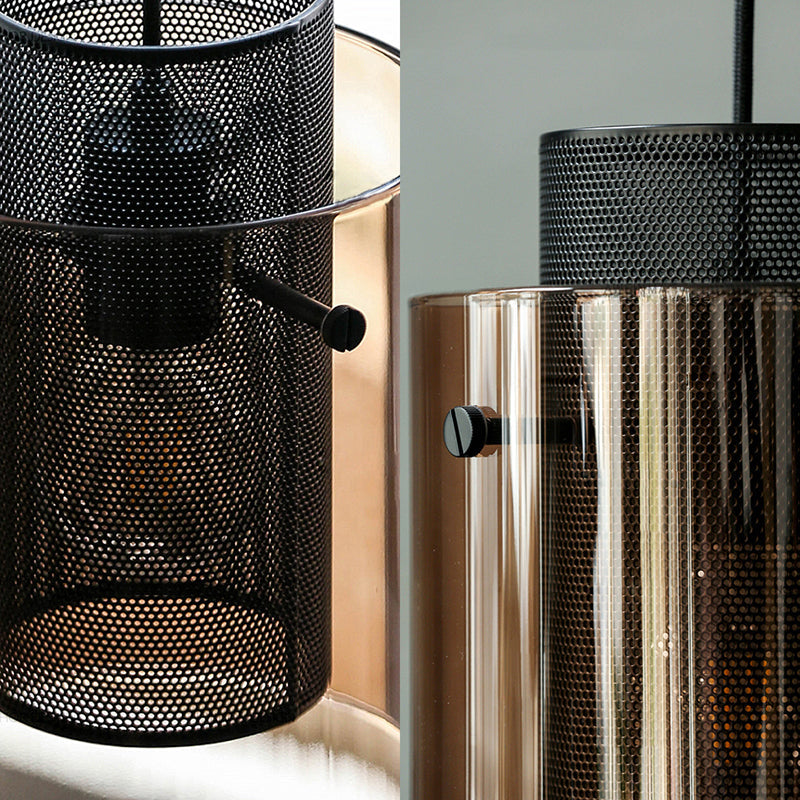 Modern Amber Cylinder Pendant Lamp With Hollow Mesh Screen - Ideal Hanging Light For Kitchen 1 Bulb