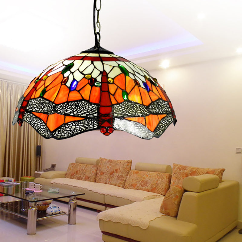 Dragonfly Ceiling Light - Orange Hand Cut Glass Victorian Fixture 2-Head Suspended Lighting