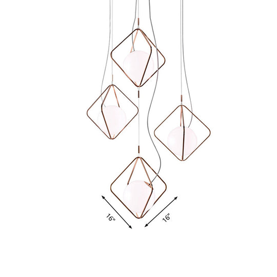 Modern Square Suspension Light With Metal & Glass Orb Shade In White – Ideal For Living Room