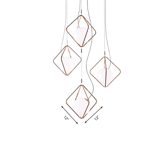 Modern Square Suspension Light With Metal & Glass Orb Shade In White – Ideal For Living Room