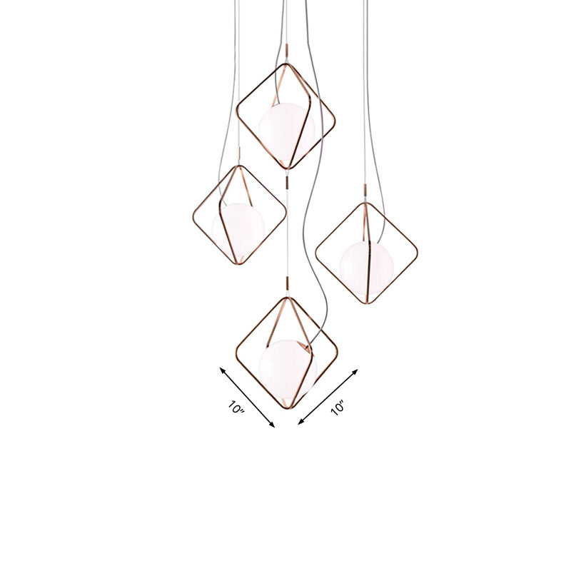 Modern Square Suspension Light With Metal & Glass Orb Shade In White – Ideal For Living Room