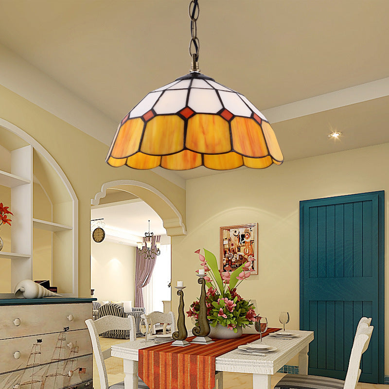 Tiffany Handcrafted Art Glass Ceiling Light: Domed Yellow/Blue 1 Head 12’/16’ Wide Yellow / 12’