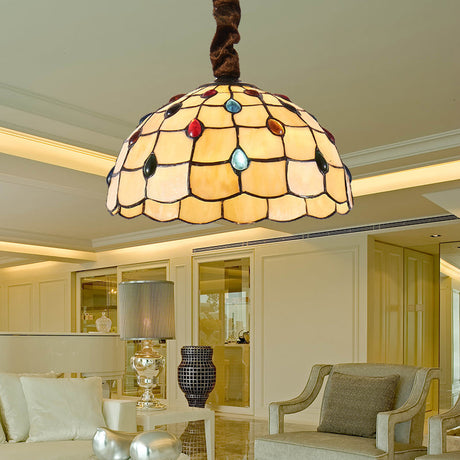Tiffany Style Stained Glass Hanging Light With Colorful Beads - 1 Bulb 12/16 Wide Bowl Design Beige