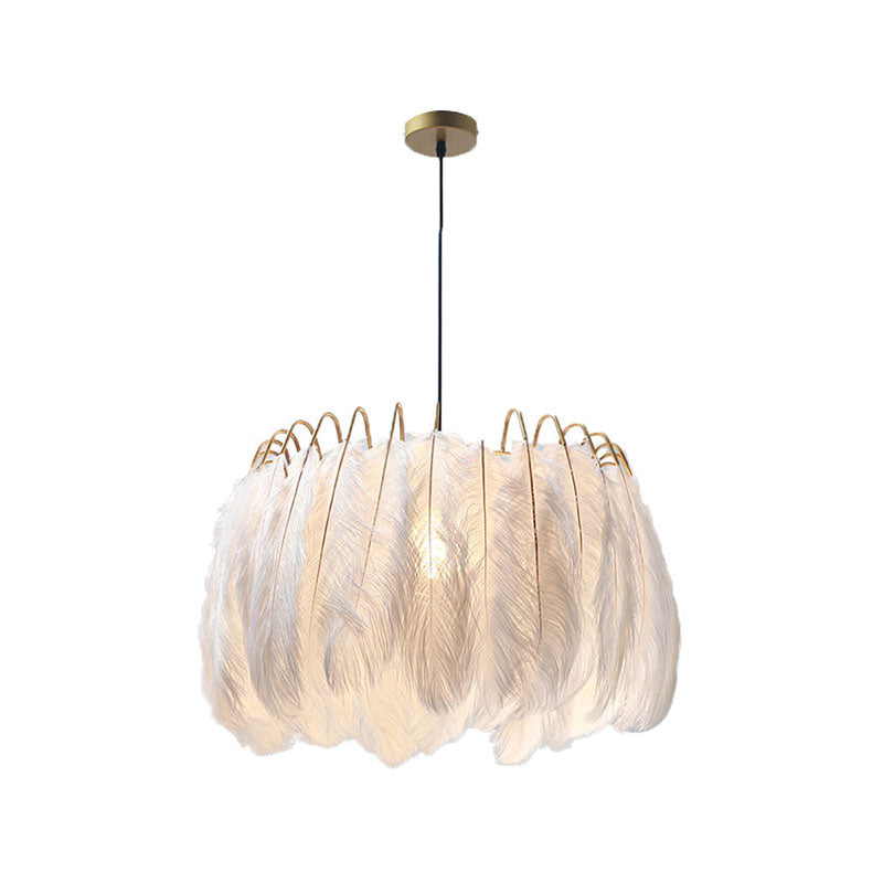 Feather & Metal Drum Pendant Light In White For Adult Bedroom - Romantic Suspension Lighting