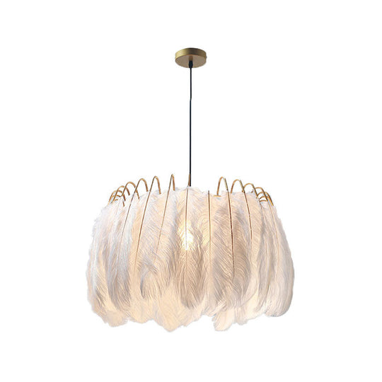 Feather & Metal Drum Pendant Light In White For Adult Bedroom - Romantic Suspension Lighting